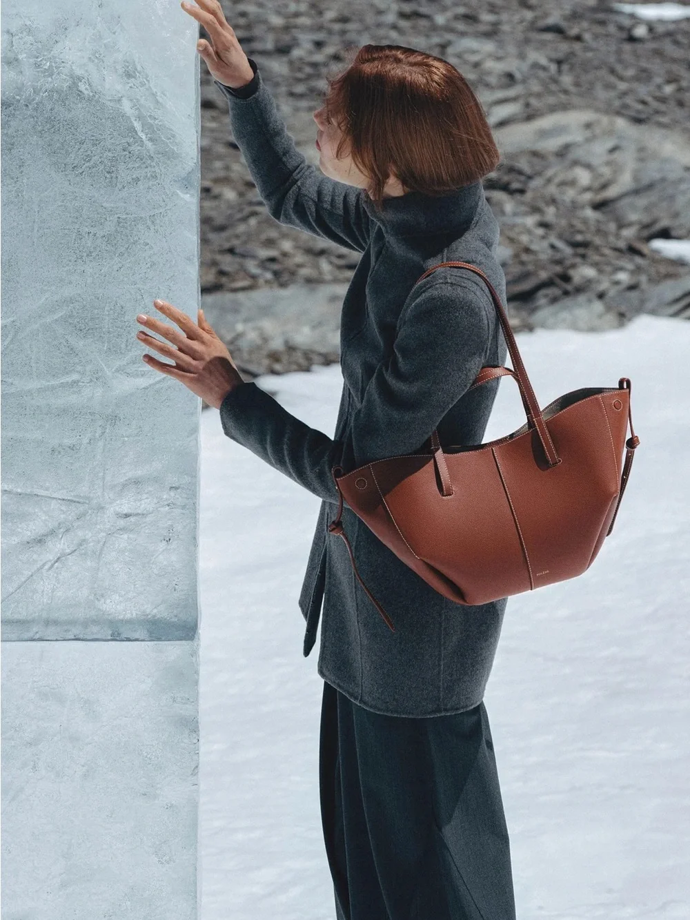 Polene Cyme Mini EDITION TEXTURED COGNAC Small Expandable Tote Hand/Shoulder Bag